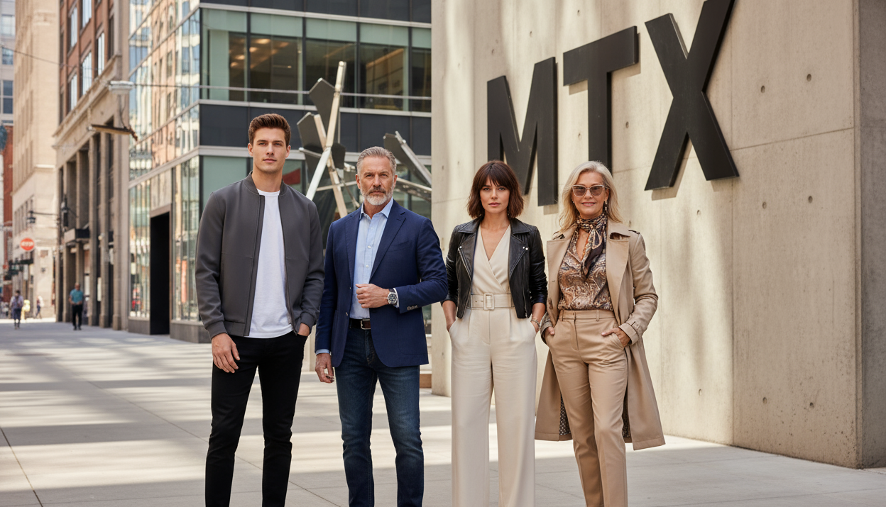 Kan du skapa en bild med fyra modernt klädda män och kvinnor i olika åldrar, två män och två kvinnor i stadsmiljö med bokstäverna MTX i bakgrunden?